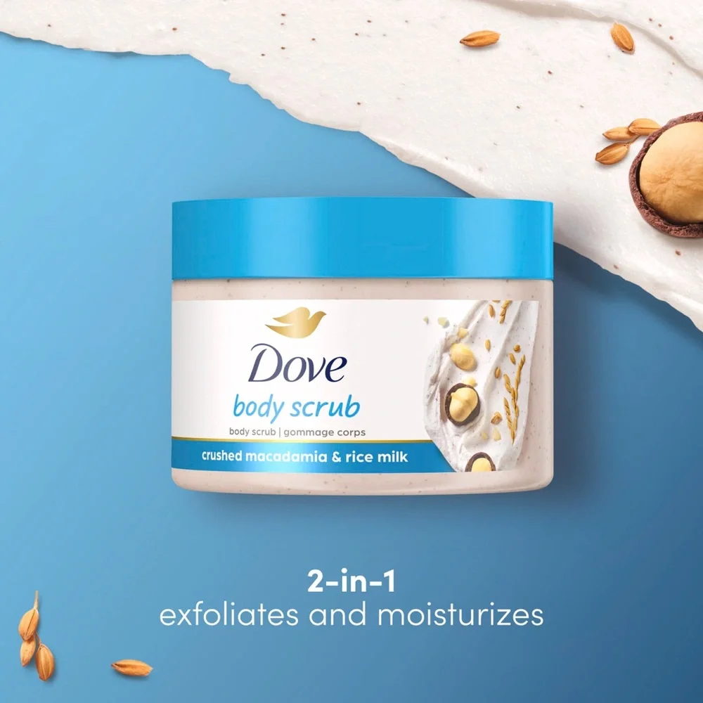3 Dove Scrub Macadamia & Rice Milk Reveals Visibly Smoother Skin Body Scrubs